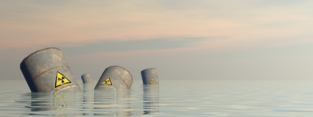 Toxic barrels floating in the water by sunset - 3D render - 390454622