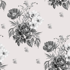 Watercolor bouquet of garden flowers. Monochrome composition for decor on gray background. Floral seamless pattern.