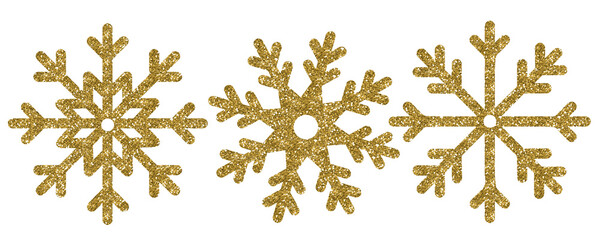 Golden snowflake isolated on white background. Glitter icons of snowflakes for fabrics, paper, textile, gift wrap
