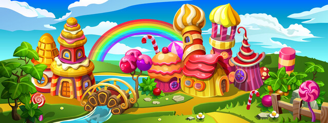 Obraz na płótnie Canvas Candy town which is made of lollipop, cake, caramel and marmalade. Colorful houses, towers and bridge on the big panorama. Vector cartoon illustration.