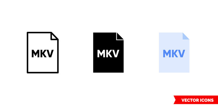 Mkv icon of 3 types color, black and white, outline. Isolated vector sign symbol.