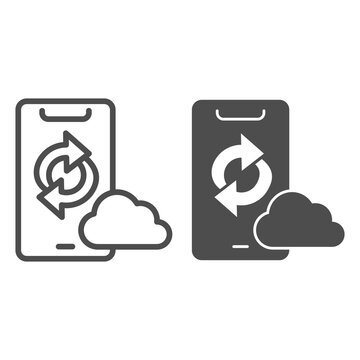 Cloud sync on smartphone line and solid icon, smartphone review concept, data synchronization on mobile sign on white background, phone cloud info exchange icon in outline style. Vector graphics.