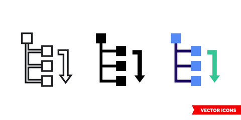 Move node down icon of 3 types color, black and white, outline. Isolated vector sign symbol.