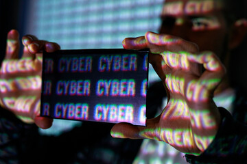 Futuristic tablet in hand. Internet, crime, cyber attack, system breaking concept. 