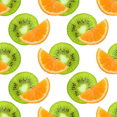 Fototapeta na wymiar Seamless pattern, tropical fruits kiwi and orange slices on a white background.