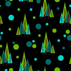 Obraz premium Seamless pattern with green fir trees and circles. Black background. Flat style. Garden or forest. Nature and ecology. Merry Christmas. Postcards, wallpaper, textile, scrapbooking and wrapping paper
