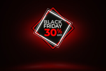 Black Friday luminous neon style lettering 30% off. Web template with copy space.