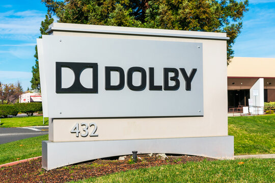Dolby Laboratories sign and logo at Silicon Valley campus. Dolby Laboratories company specializing in audio noise reduction and audio encoding, compression - Sunnyvale, CA, USA - 2020