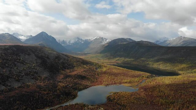 Russia, Kolyma. Lake Jack London. Autumn landscape of forest-tundra.