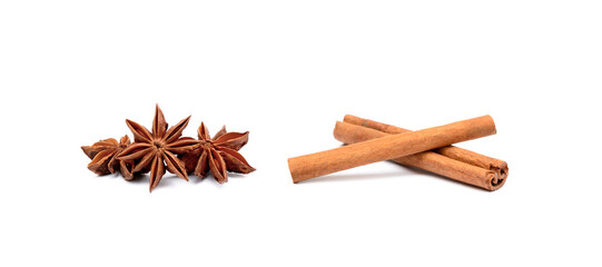 Fragrant cinnamon and star anise isolated on white background