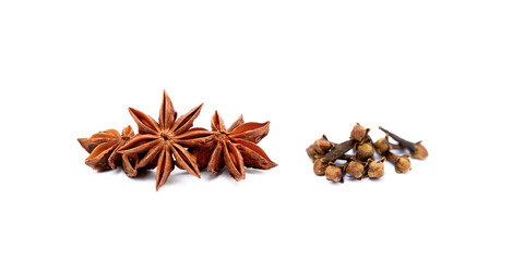 Aromatic star anise and cloves isolated on white background