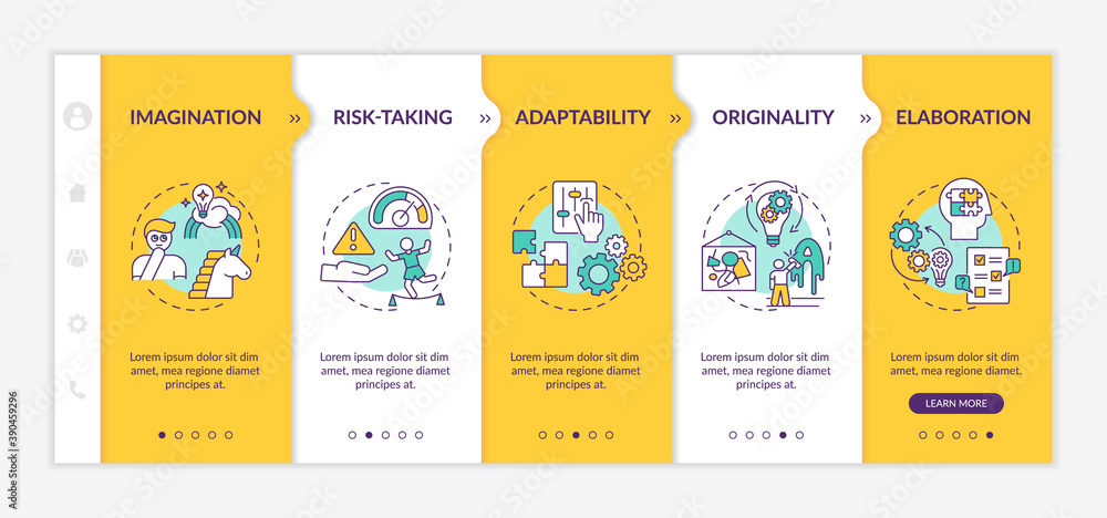 Poster creative thinking skills onboarding vector template. people mind imagination skills. not afraid to t