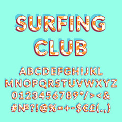 Surfing club vintage 3d vector alphabet set. Retro bold font, typeface. Pop art stylized lettering. Old school style letters, numbers, symbols pack. 90s, 80s creative typeset design template