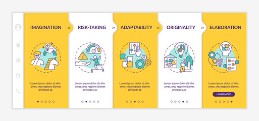 Creative thinking skills onboarding vector template. People mind imagination skills. Not afraid to take risk. Responsive mobile website with icons. Webpage walkthrough step screens. RGB color concept