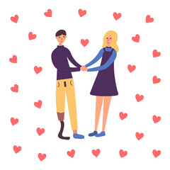 Guy with a prosthetic leg is holding hands with his girlfriend and smiling. Many red hearts. Valentines Day. Couple in love. Holiday on February 14. Support and happiness. Disabled person. Vector 