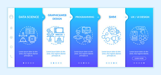 Top careers in IT for creative thinkers onboarding vector template. Data science. Graphic and web design. Responsive mobile website with icons. Webpage walkthrough step screens. RGB color concept