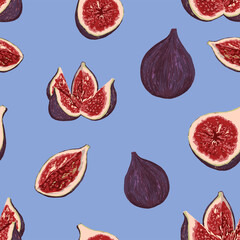 Figs fruits seamless pattern. Hand drawn vector illustration. Realistic drawing healthy food background. Colored sweet abstract design for print, fabric, textile, wrap, wallpaper, decor, packagings.