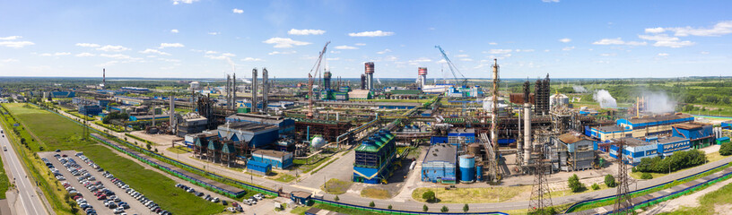 panorama of blast furnaces and other elements of the black metallurgical industries and the chemical industry in Cherepovets, a view of the structure from a height.