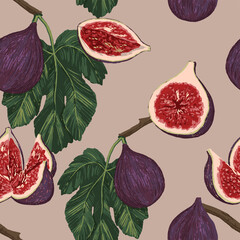 Figs fruits, leaves seamless pattern. Hand drawn vector illustration. Realistic drawing healthy food background. Colored sweet abstract design for print, fabric, textile, wallpaper, decor, packagings.