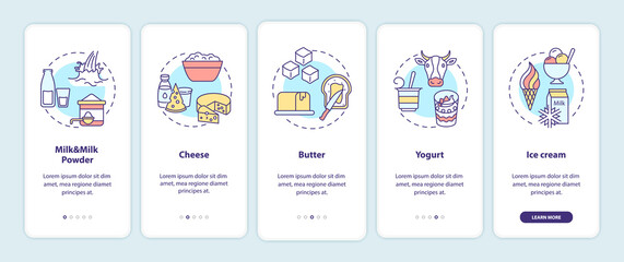 Milk products onboarding mobile app page screen with concepts. Cheese production. Dairy industry walkthrough 5 steps graphic instructions. UI vector template with RGB color illustrations
