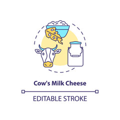 Cow milk cheese production concept icon. Manufacturing lactose product. Organic farm food. Dairy industry idea thin line illustration. Vector isolated outline RGB color drawing. Editable stroke