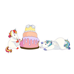 Lovely Pegasus and Unicorn eating a big cake on white isolated background, vector stock illustration in Cartoon style, concept of Magical horses, Cartoon Unicorns and Pegasus, Fairytales.