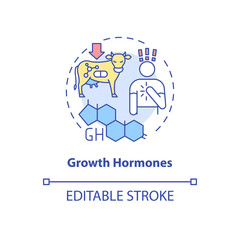 Growth hormones concept icon. Protein in cow meat. Genetic modified food. Human health. Dairy industry product idea thin line illustration. Vector isolated outline RGB color drawing. Editable stroke