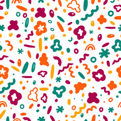 Flat random abstract shapes hand drawn vector seamless pattern. Colorful background in retro style 90's. Universal simple design for prints, wallpapers, wrapping, paper, textile, fabric, decor, cards.