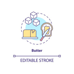 Butter concept icon. Fatty, milky product. Spread on toast. Nutritious foodstuff. Grocery food. Dairy industry idea thin line illustration. Vector isolated outline RGB color drawing. Editable stroke