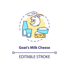Goat milk cheese concept icon. Manufacturing lactose product. Farm market. Dairy industry production idea thin line illustration. Vector isolated outline RGB color drawing. Editable stroke