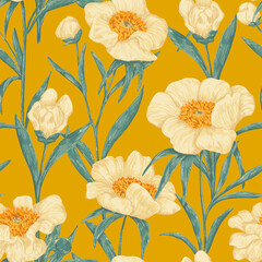 Peony Claire de Lune plants seamless pattern. Hand drawn vector illustration. Realistic botanical background. Wildflowers retro sketch. Colored vintage design, print, fabric, textile, wrap, wallpaper.