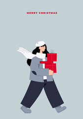 Hand drawn vector Merry Christmas and Happy New Year postcard with woman carrying Christmas gift boxes from christmas sale