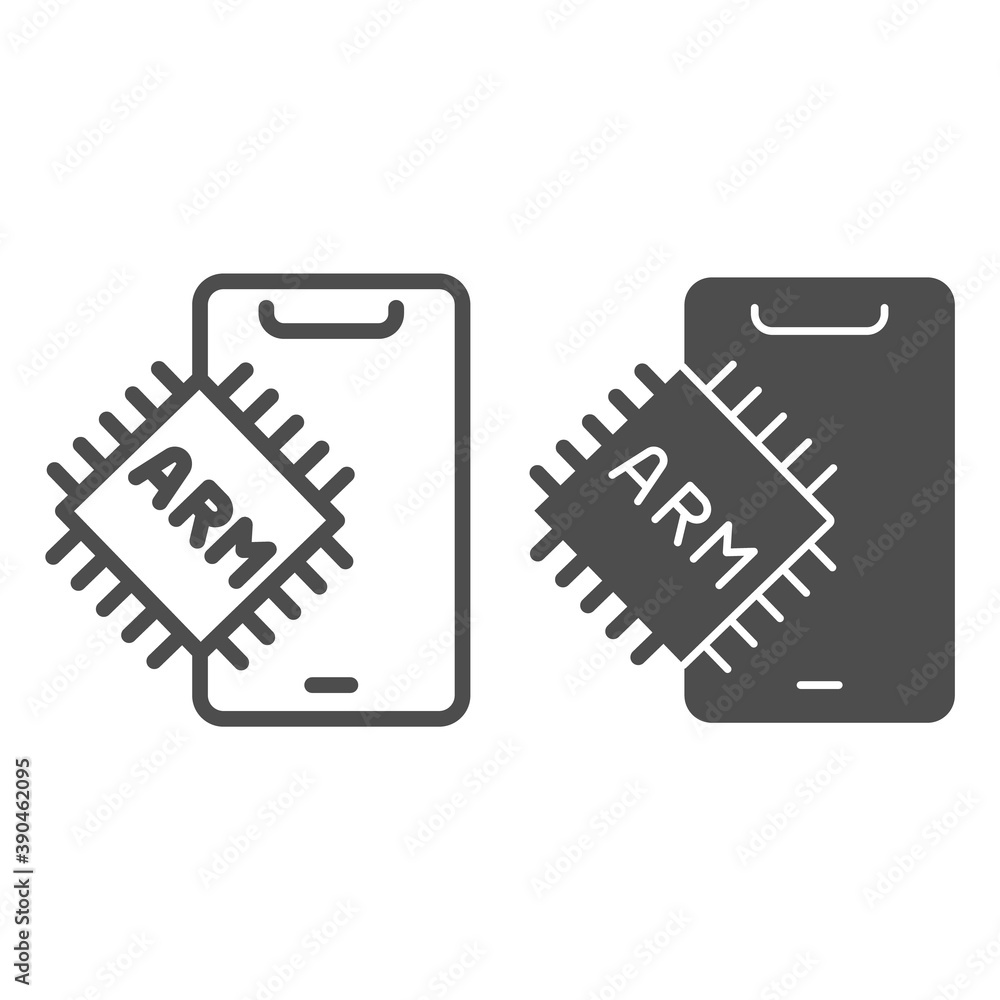 Poster processor and smartphone line and solid icon, smartphone review concept, processor arm for mobile si