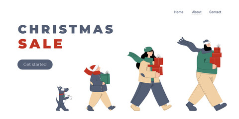 Merry Christmas and a happy new year! Cute new year and christmas vector landing page for Christmas sale with a loving family, mom, dad, child and dog carrying gift boxes
