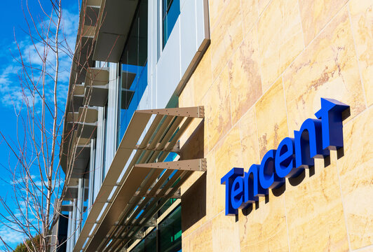 Tencent Logo On Silicon Valley Office A Chinese Multinational Conglomerate Holding Company - Palo Alto, California, USA - 2020