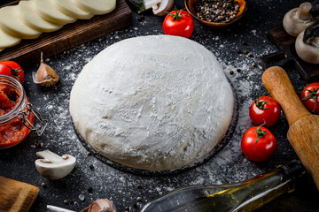  Ingredients for making pizza dough, mozzarella cheese, tomatoes, mushrooms, olive oil and basil on a black background, close up