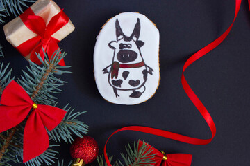 christmas cookies with bull 2021 symbol, new year holiday card on dark background