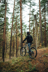 Naklejka premium Young man mountainbiker with bicycle along a forest trail, MTB bike ride