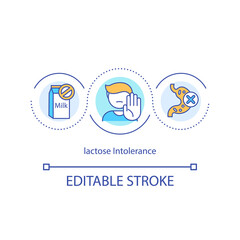 Lactose intolerance concept icon. Drinking dairy products idea thin line illustration. Digestive disorders. Abdominal cramps. Food allergen. Vector isolated outline RGB color drawing. Editable stroke
