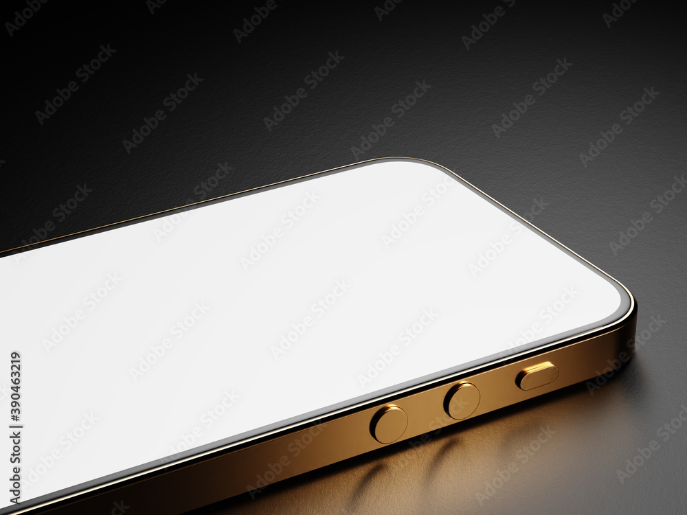 Poster Smartton is on the table. Part of the smartphone screen. Smartphone mockup on a dark background. Mockup for your application or website. 3d render.
