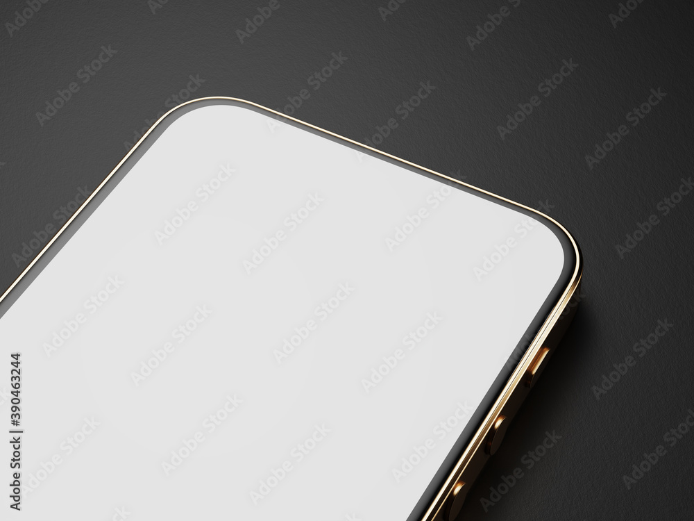 Poster a smartphone with a golden body is on the table. part of the smartphone screen. smartphone mockup on