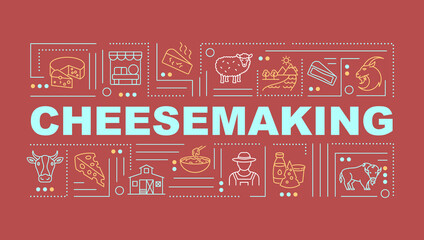 Cheesemaking word concepts banner. Liquid milk conversion. Dairy product manufacturing. Infographics with linear icons on red background. Isolated typography. Vector outline RGB color illustration