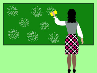 Vector illustration - a teacher wipes chalk-drawn coronavirus molecules from the blackboard with a rag. Concept stop covid and copy space