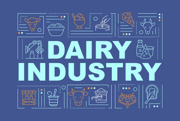 Dairy industry word concepts banner. Milk producing animals. Manufacturing plant. Infographics with linear icons on blue background. Isolated typography. Vector outline RGB color illustration