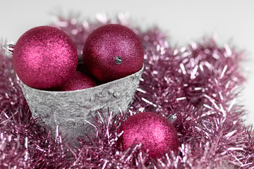 Christmas composition. Christmas balls. Pink decorations on a white background. Christmas, winter,...