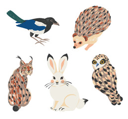 Collection of hand drawn forest animals and birds. Digital illustration.