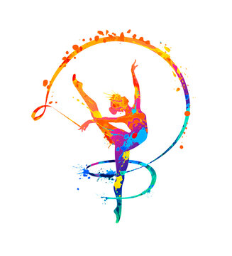 Rhythmic gymnastics girl with ribbon. Dancer silhouette