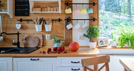 Kitchen interior in cottage in rustic style with wooden furniture and counter with plant. Window in cozy house. Banner