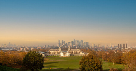 View over Greenwich Park towards Canary Wharf