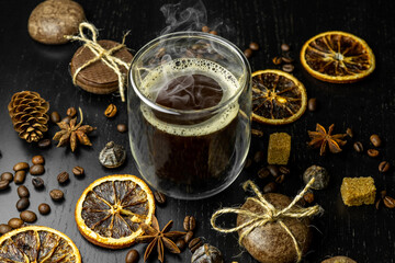 Festive Christmas coffee on a dark background